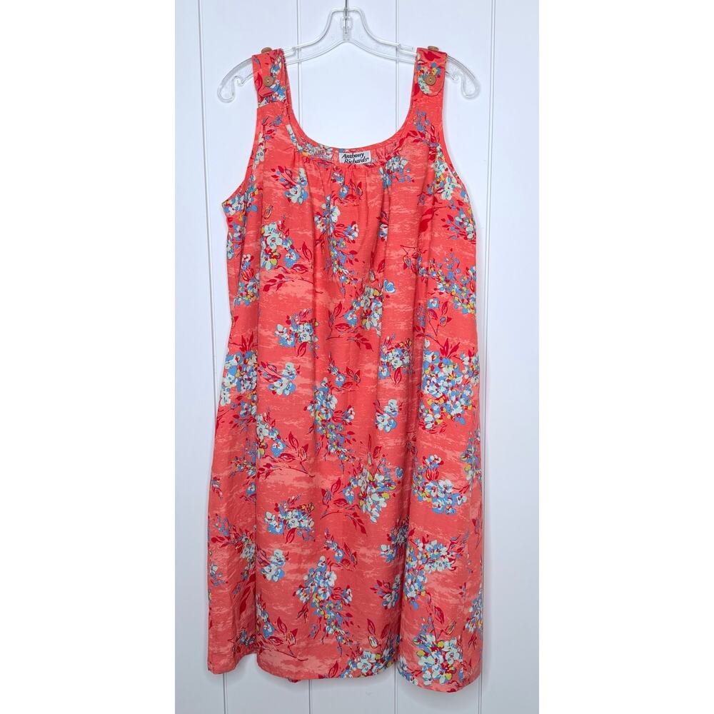 Anthony Richards Floral Patio House Dress Peach Blue Sleeveless LG